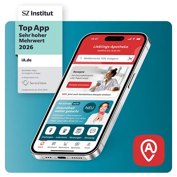 Smartphone zeigt Gesundheits-App mit App-Store-Bewertungen und Auszeichnungen für hohen Mehrwert.